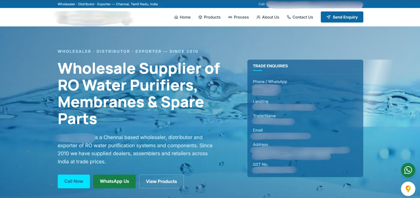 Aqua wholesaler website screenshot