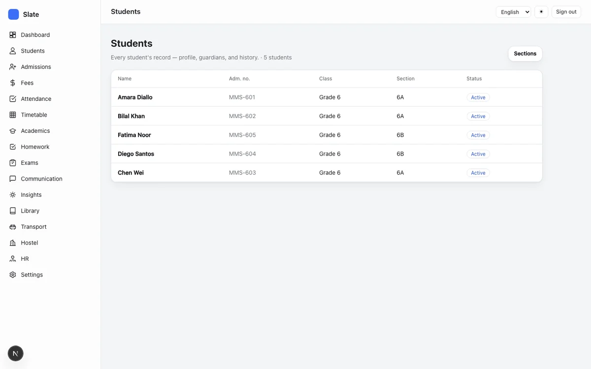 Slate student roster with classes, sections and status